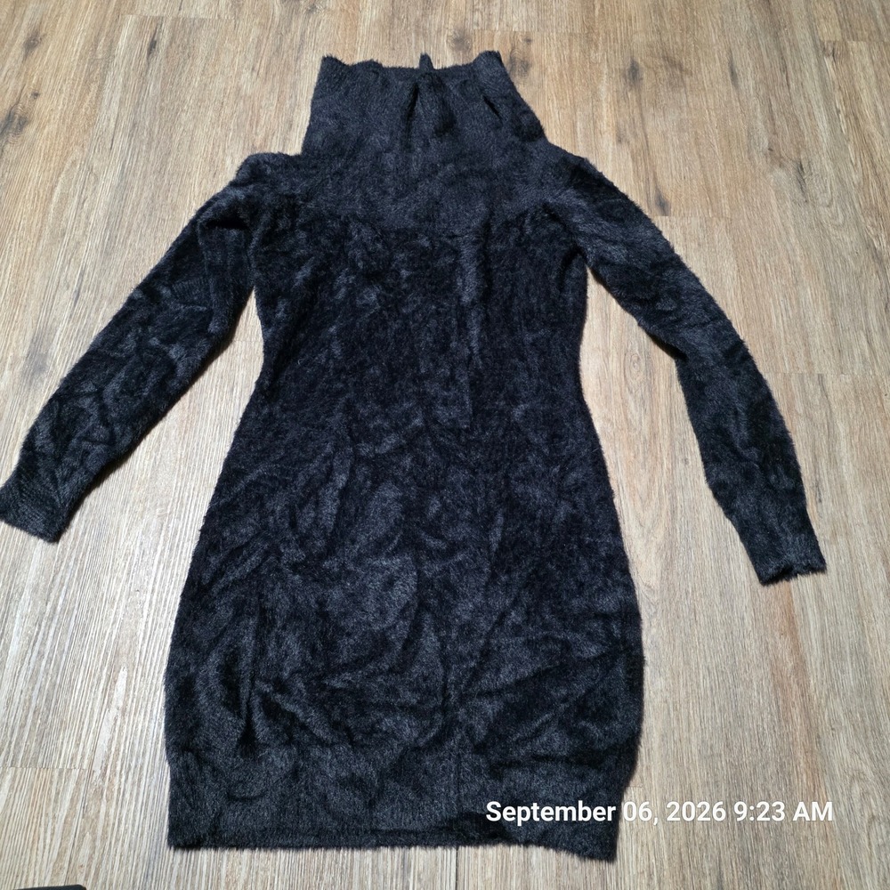 New Fashion Women Black Fuzzy Eyelash Knit Mock Neck Sweater Dress Size M